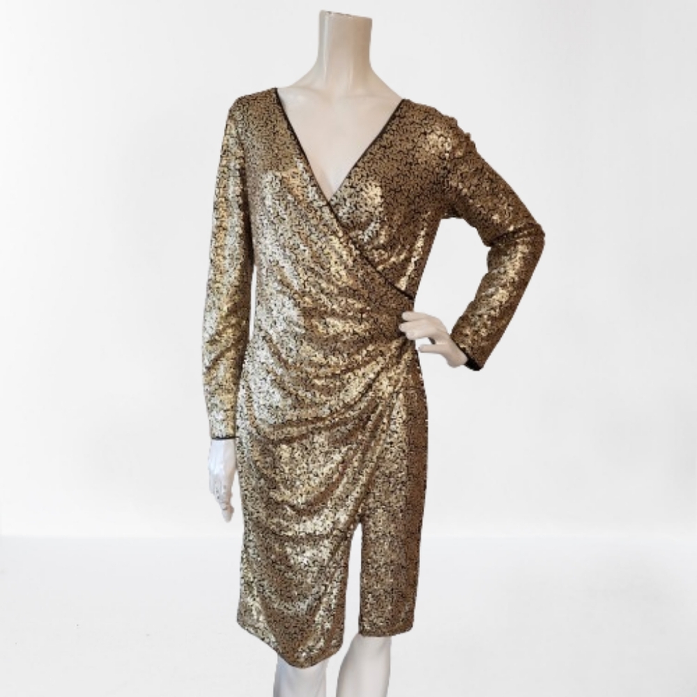 Tadashi Shoji Cocktail Dress Womens M Gold Sequin Long Sleeve